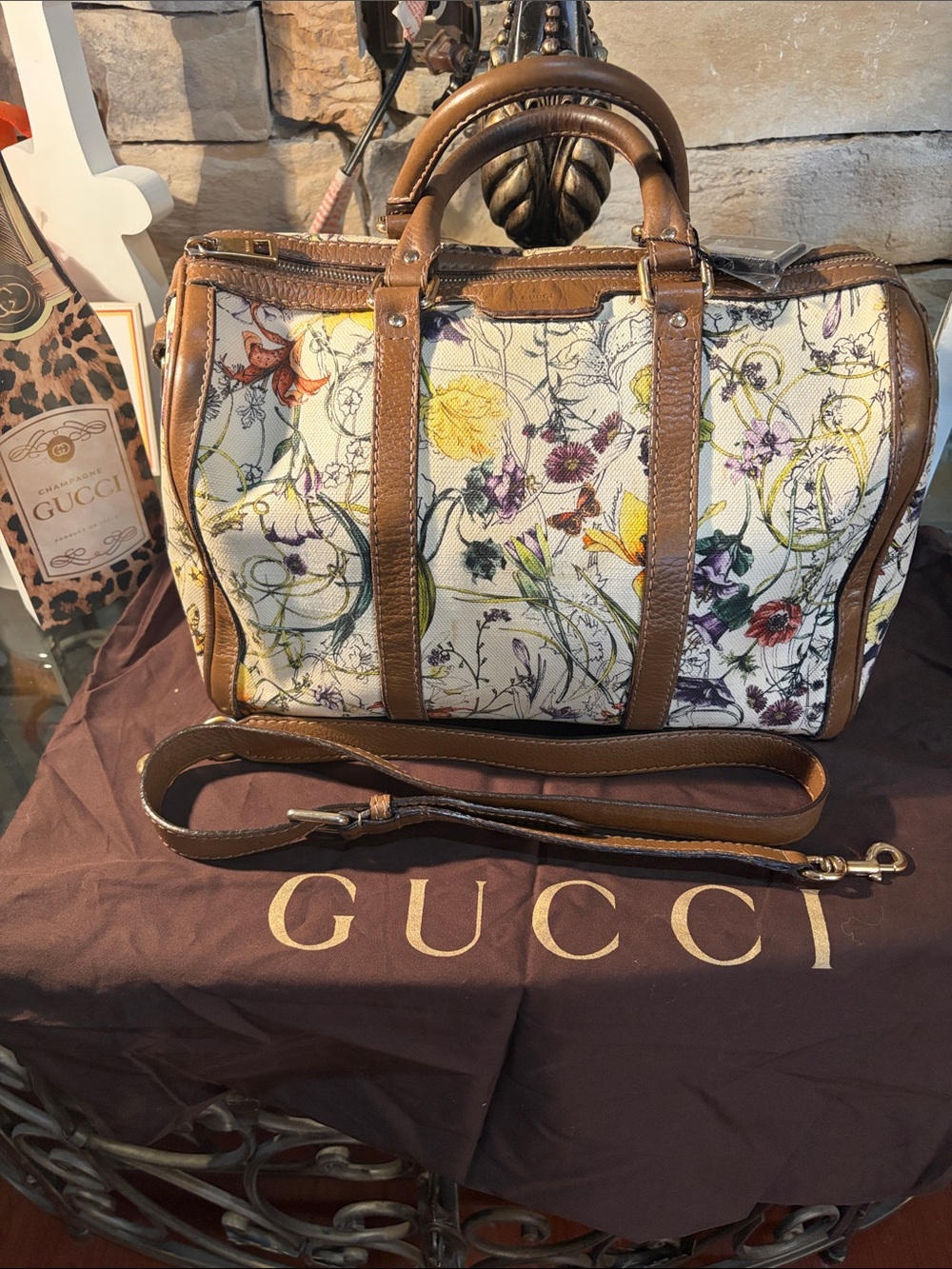 Gucci Floral Flower Leather-Trim Canvas Boston Bag - Picture 1 of 16